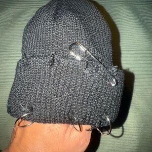 Stylish Distressed Black Beanie with Safety Pin and hoops Accents